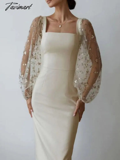 Spring Autumn New Fashion Embroidery Tulle Slim Fit Mid Dress Lantern Sleeve Square Collar Elegant Party Evening Ladies Dress