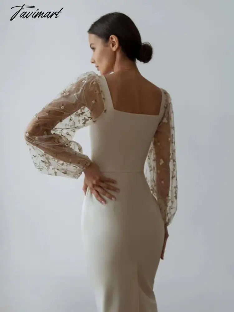 Spring Autumn New Fashion Embroidery Tulle Slim Fit Mid Dress Lantern Sleeve Square Collar Elegant Party Evening Ladies Dress