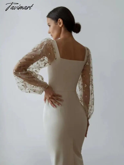 Spring Autumn New Fashion Embroidery Tulle Slim Fit Mid Dress Lantern Sleeve Square Collar Elegant Party Evening Ladies Dress