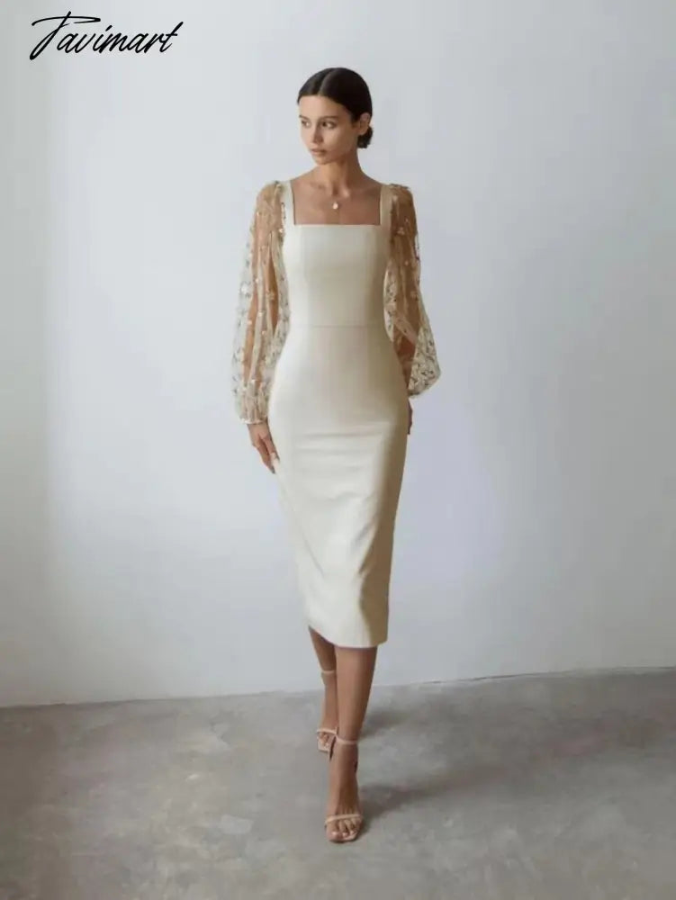Spring Autumn New Fashion Embroidery Tulle Slim Fit Mid Dress Lantern Sleeve Square Collar Elegant Party Evening Ladies Dress