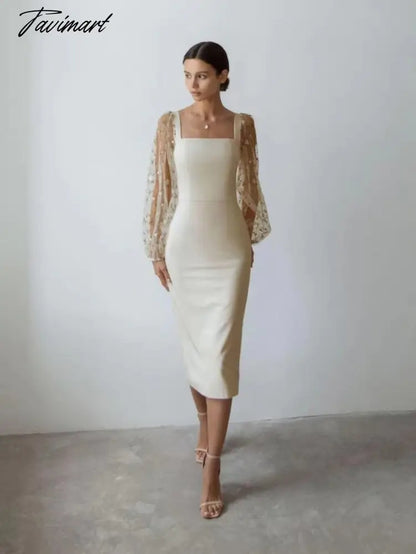 Spring Autumn New Fashion Embroidery Tulle Slim Fit Mid Dress Lantern Sleeve Square Collar Elegant Party Evening Ladies Dress
