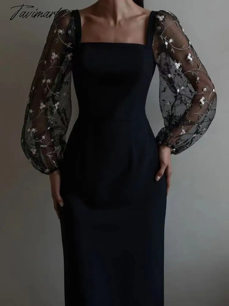 Spring Autumn New Fashion Embroidery Tulle Slim Fit Mid Dress Lantern Sleeve Square Collar Elegant Party Evening Ladies Dress