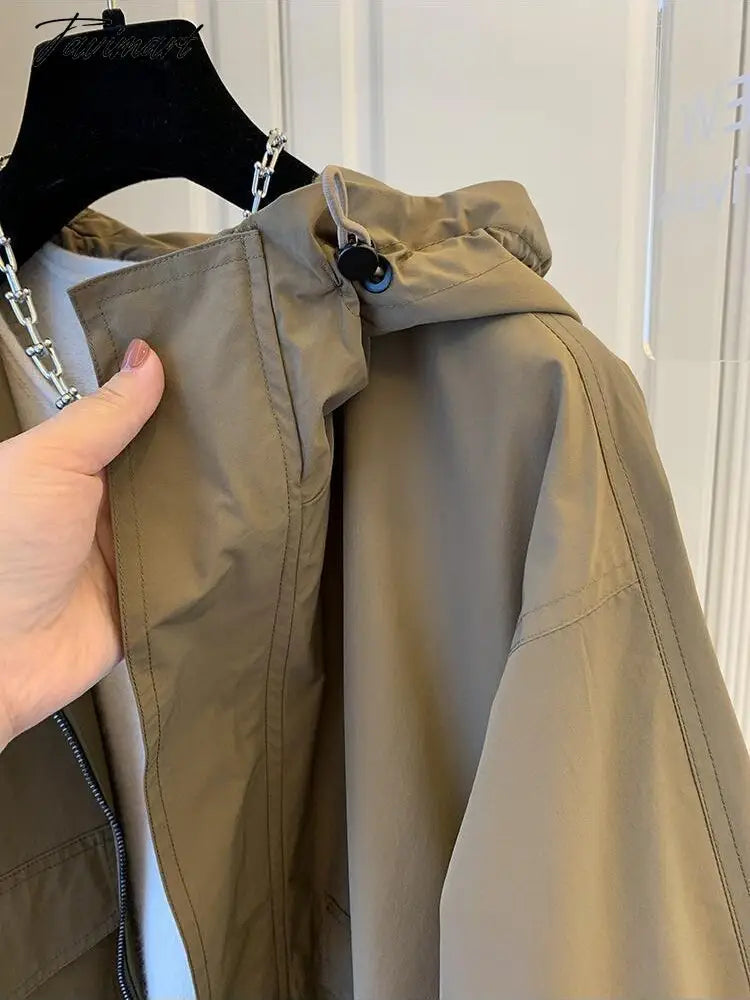 Spring Autumn New Solid Color Jacket Loose Leisure Long Sleeves Hooded Women Coat Fashion Simple Office Lady Trench Coat
