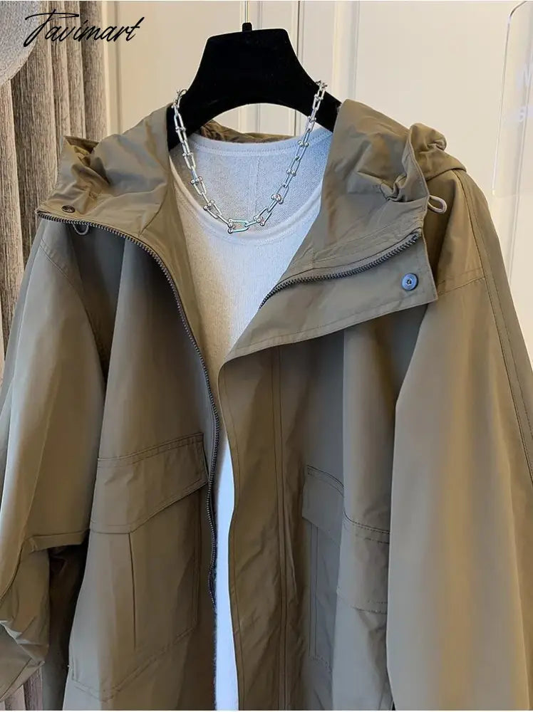 Spring Autumn New Solid Color Jacket Loose Leisure Long Sleeves Hooded Women Coat Fashion Simple Office Lady Trench Coat