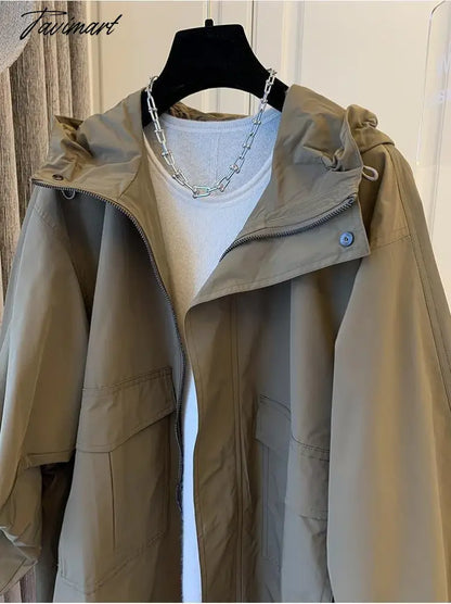 Spring Autumn New Solid Color Jacket Loose Leisure Long Sleeves Hooded Women Coat Fashion Simple Office Lady Trench Coat