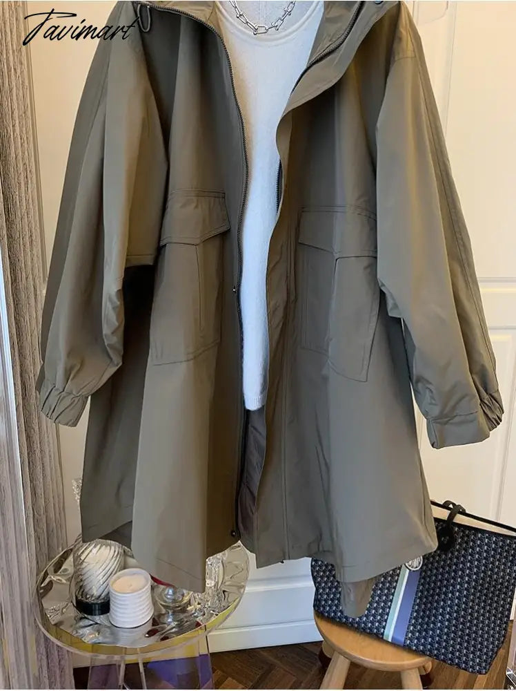Spring Autumn New Solid Color Jacket Loose Leisure Long Sleeves Hooded Women Coat Fashion Simple Office Lady Trench Coat