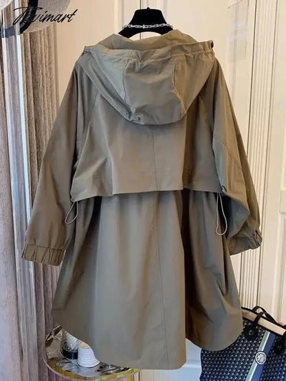 Spring Autumn New Solid Color Jacket Loose Leisure Long Sleeves Hooded Women Coat Fashion Simple Office Lady Trench Coat