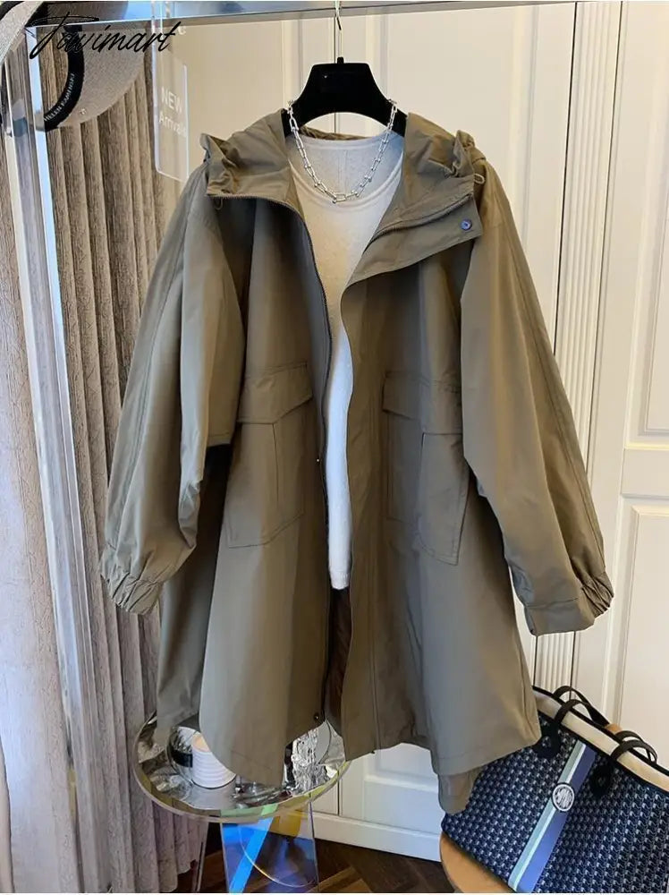 Spring Autumn New Solid Color Jacket Loose Leisure Long Sleeves Hooded Women Coat Fashion Simple Office Lady Trench Coat