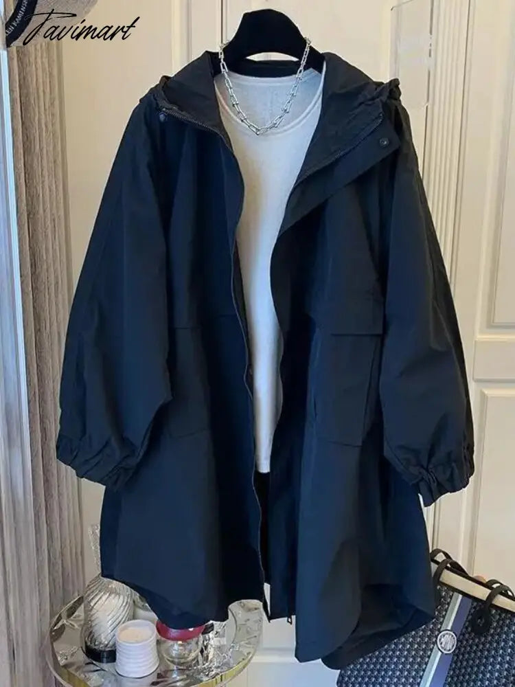 Spring Autumn New Solid Color Jacket Loose Leisure Long Sleeves Hooded Women Coat Fashion Simple Office Lady Trench Coat