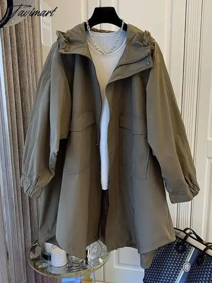 Spring Autumn New Solid Color Jacket Loose Leisure Long Sleeves Hooded Women Coat Fashion Simple Office Lady Trench Coat