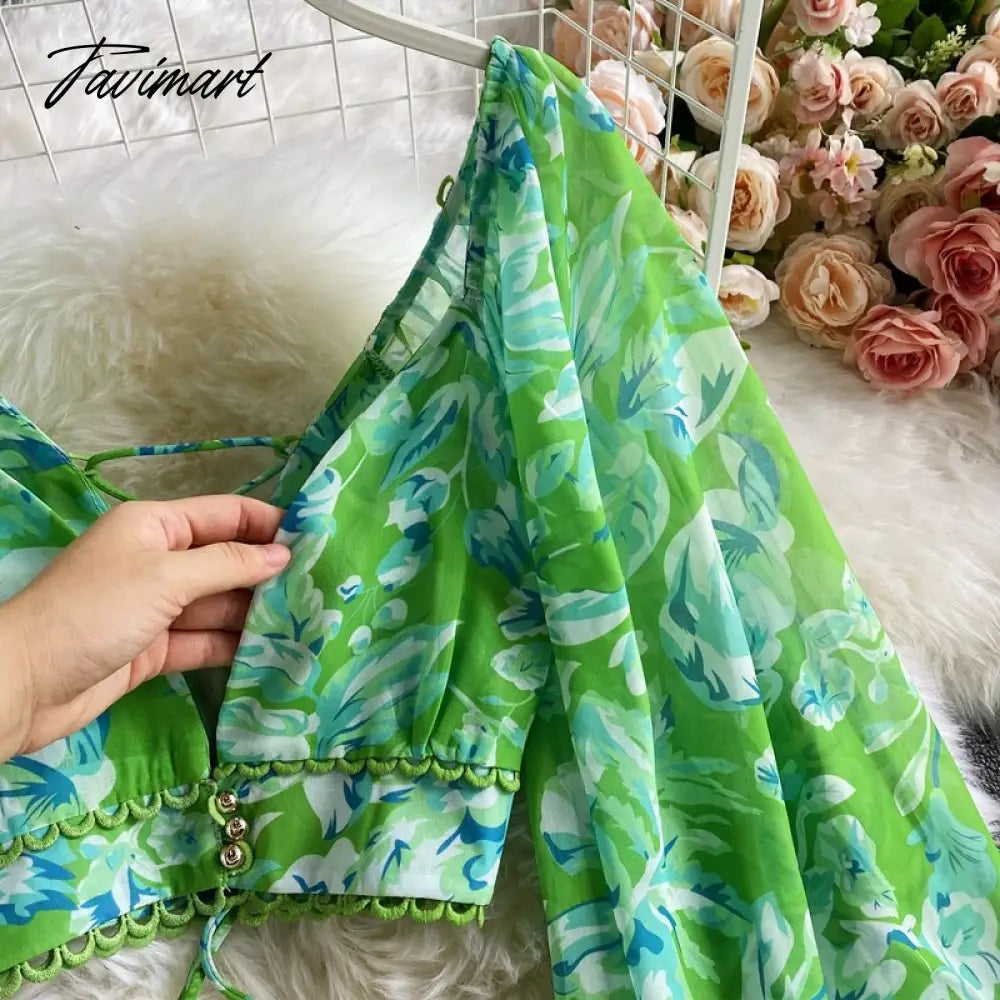 Spring Autumn Sexy Chiffon Two Piece Set Women Elegant Long Sleeve V-Neck Short Tops + Ruffle Mini Skirt Female Printed Suit New