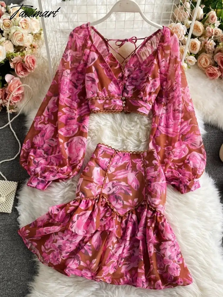 Spring Autumn Sexy Chiffon Two Piece Set Women Elegant Long Sleeve V-Neck Short Tops + Ruffle Mini Skirt Female Printed Suit New