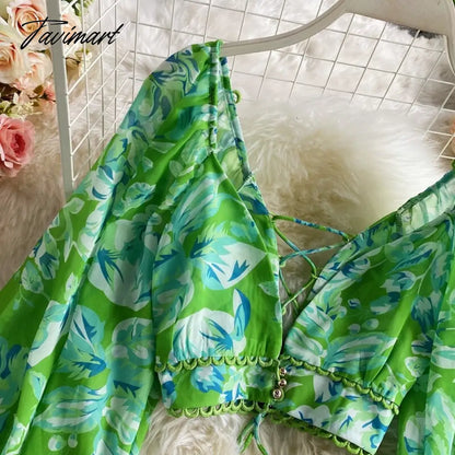 Spring Autumn Sexy Chiffon Two Piece Set Women Elegant Long Sleeve V-Neck Short Tops + Ruffle Mini Skirt Female Printed Suit New