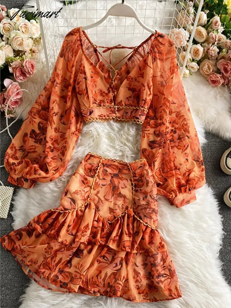 Spring Autumn Sexy Chiffon Two Piece Set Women Elegant Long Sleeve V-Neck Short Tops + Ruffle Mini Skirt Female Printed Suit New