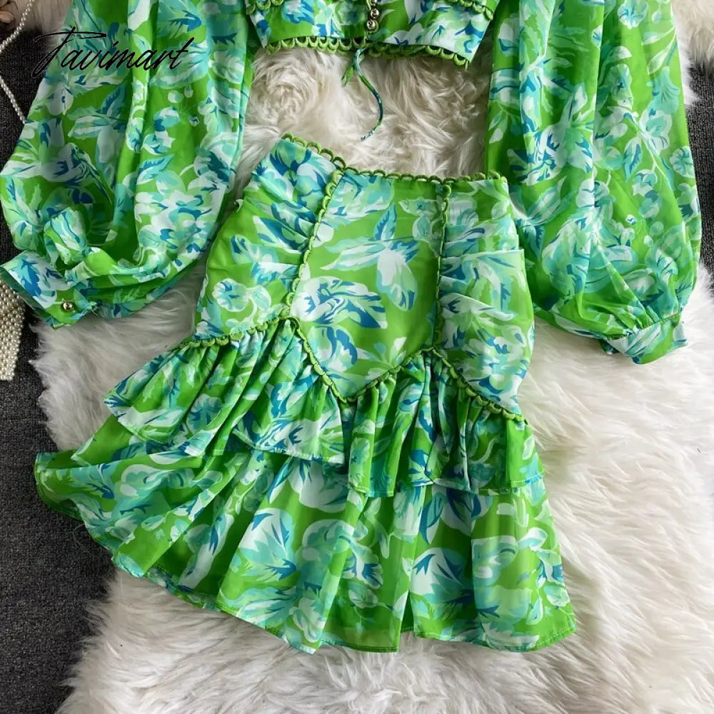 Spring Autumn Sexy Chiffon Two Piece Set Women Elegant Long Sleeve V-Neck Short Tops + Ruffle Mini Skirt Female Printed Suit New