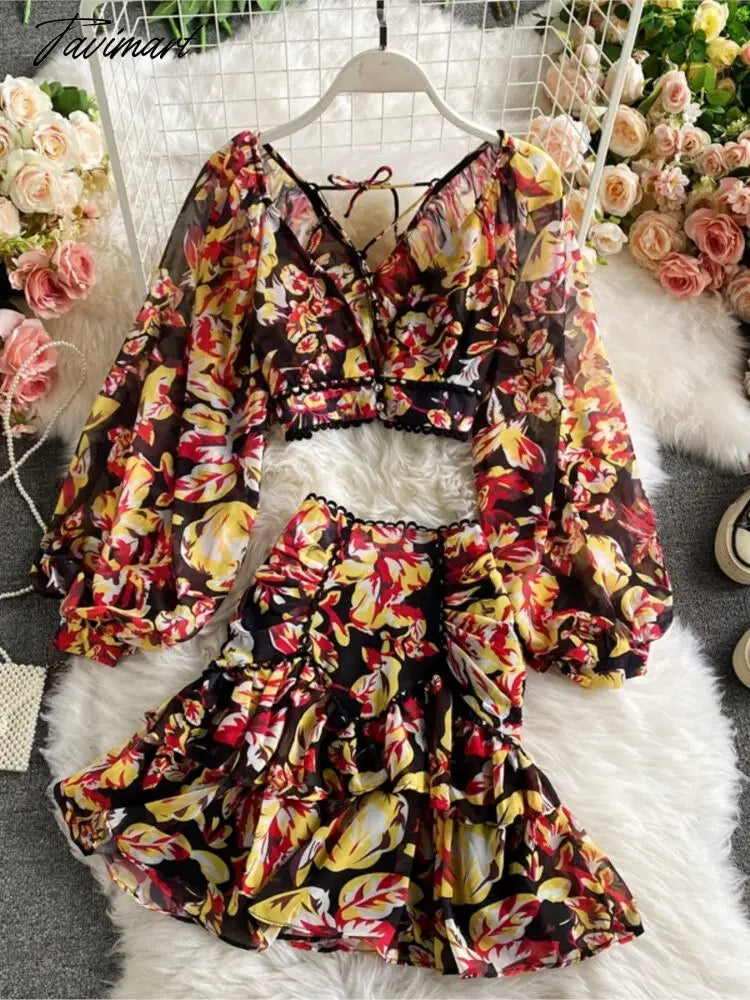 Spring Autumn Sexy Chiffon Two Piece Set Women Elegant Long Sleeve V-Neck Short Tops + Ruffle Mini Skirt Female Printed Suit New