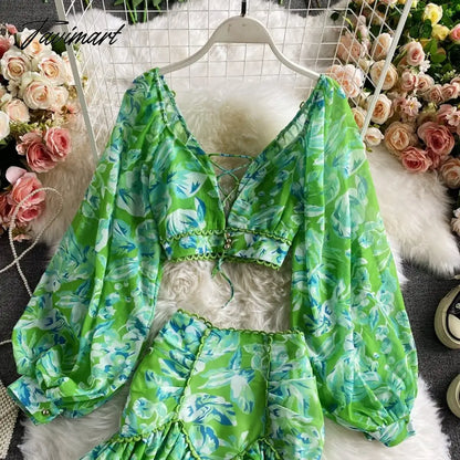 Spring Autumn Sexy Chiffon Two Piece Set Women Elegant Long Sleeve V-Neck Short Tops + Ruffle Mini Skirt Female Printed Suit New