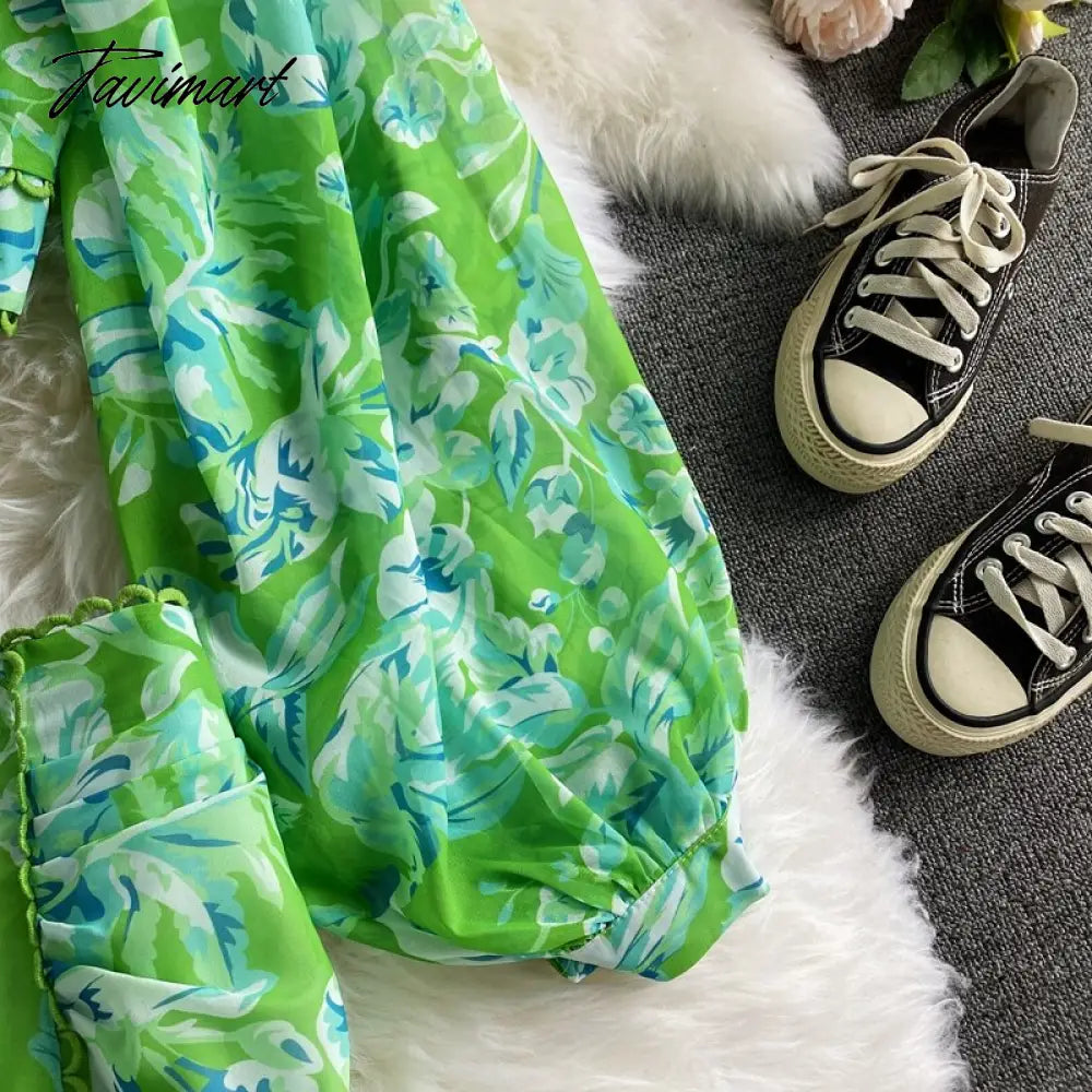 Spring Autumn Sexy Chiffon Two Piece Set Women Elegant Long Sleeve V-Neck Short Tops + Ruffle Mini Skirt Female Printed Suit New