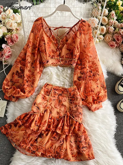 Spring Autumn Sexy Chiffon Two Piece Set Women Elegant Long Sleeve V-Neck Short Tops + Ruffle Mini Skirt Female Printed Suit New