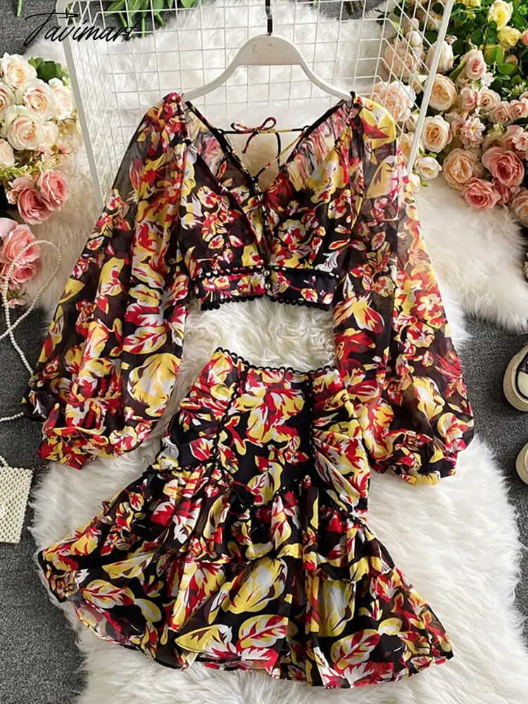Spring Autumn Sexy Chiffon Two Piece Set Women Elegant Long Sleeve V-Neck Short Tops + Ruffle Mini Skirt Female Printed Suit New