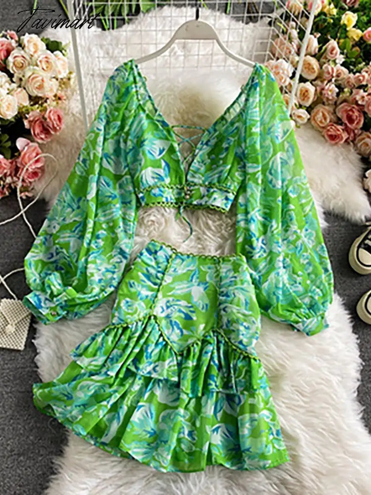 Spring Autumn Sexy Chiffon Two Piece Set Women Elegant Long Sleeve V-Neck Short Tops + Ruffle Mini Skirt Female Printed Suit New