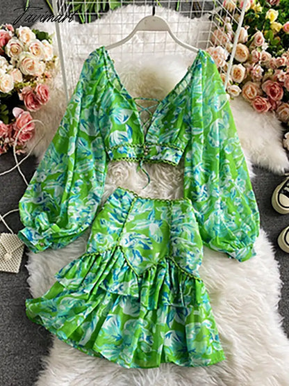 Spring Autumn Sexy Chiffon Two Piece Set Women Elegant Long Sleeve V-Neck Short Tops + Ruffle Mini Skirt Female Printed Suit New