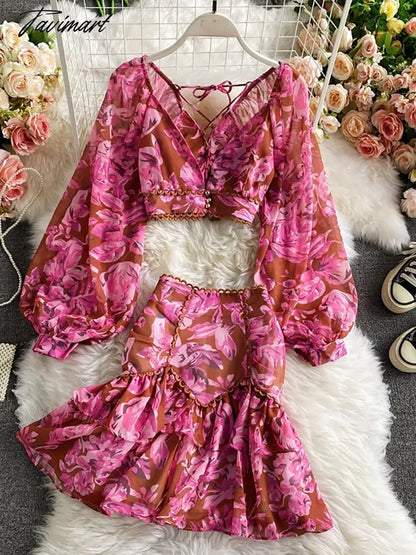 Spring Autumn Sexy Chiffon Two Piece Set Women Elegant Long Sleeve V-Neck Short Tops + Ruffle Mini Skirt Female Printed Suit New