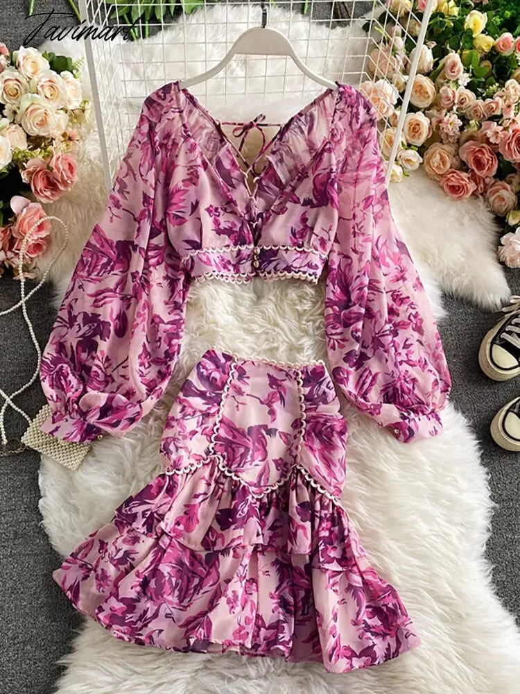 Spring Autumn Sexy Chiffon Two Piece Set Women Elegant Long Sleeve V-Neck Short Tops + Ruffle Mini Skirt Female Printed Suit New