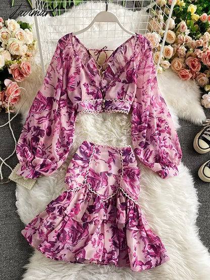 Spring Autumn Sexy Chiffon Two Piece Set Women Elegant Long Sleeve V-Neck Short Tops + Ruffle Mini Skirt Female Printed Suit New