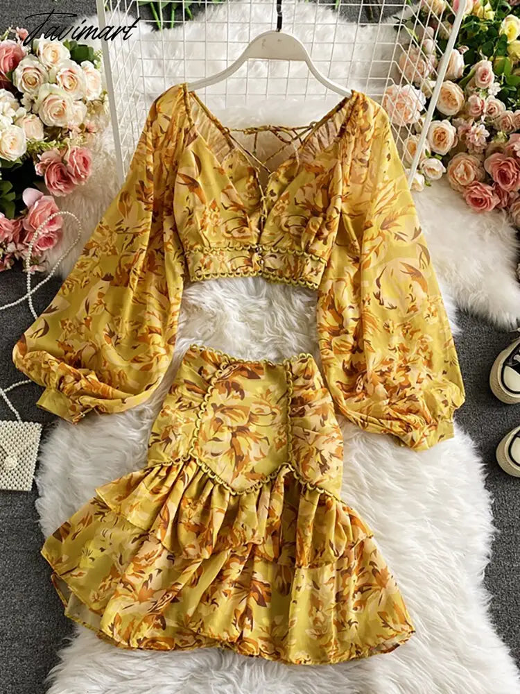 Spring Autumn Sexy Chiffon Two Piece Set Women Elegant Long Sleeve V-Neck Short Tops + Ruffle Mini Skirt Female Printed Suit New