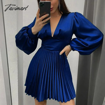 Spring Autumn Women Solid Color Mini Dress Fashion Long Sleeve V-Neck Waist Dress Ladies Casual Slim Office Pleated Dresses