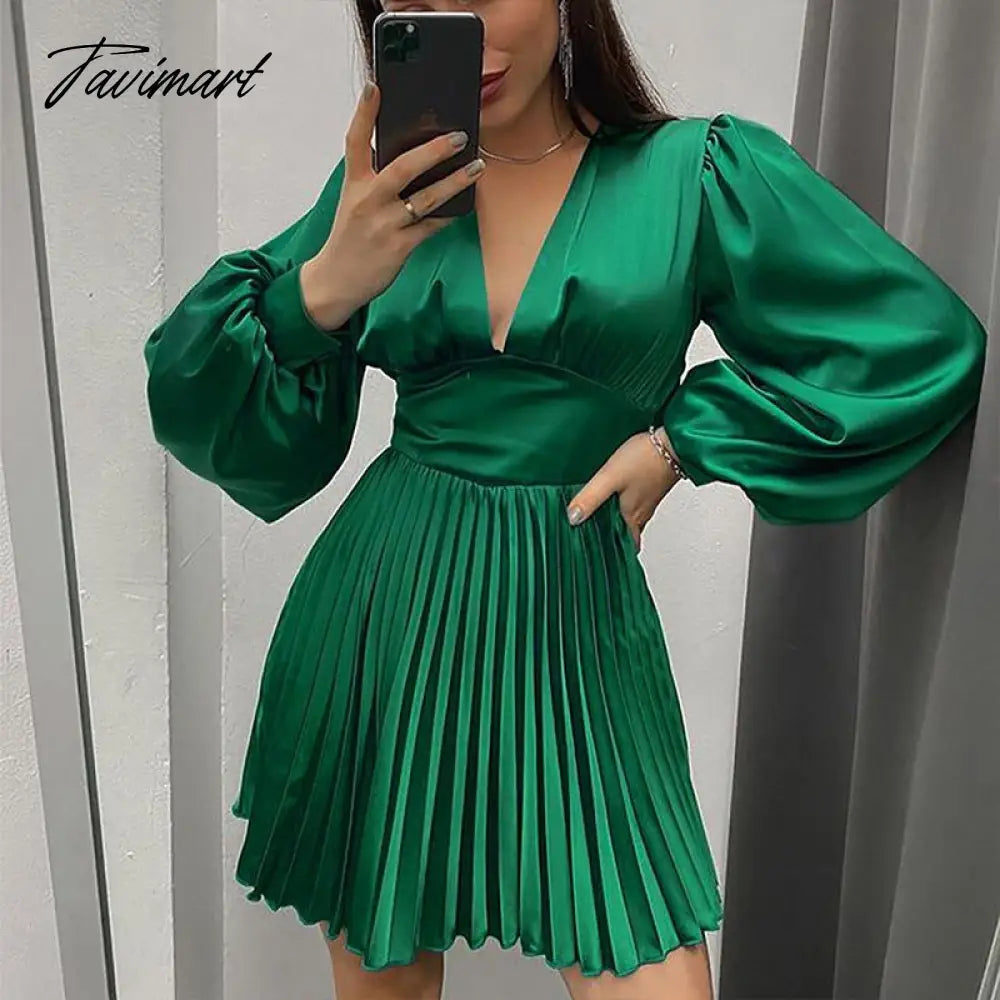 Spring Autumn Women Solid Color Mini Dress Fashion Long Sleeve V-Neck Waist Dress Ladies Casual Slim Office Pleated Dresses