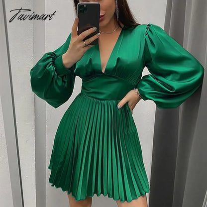 Spring Autumn Women Solid Color Mini Dress Fashion Long Sleeve V-Neck Waist Dress Ladies Casual Slim Office Pleated Dresses