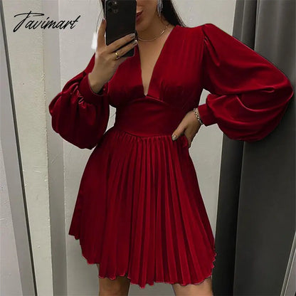 Spring Autumn Women Solid Color Mini Dress Fashion Long Sleeve V-Neck Waist Dress Ladies Casual Slim Office Pleated Dresses