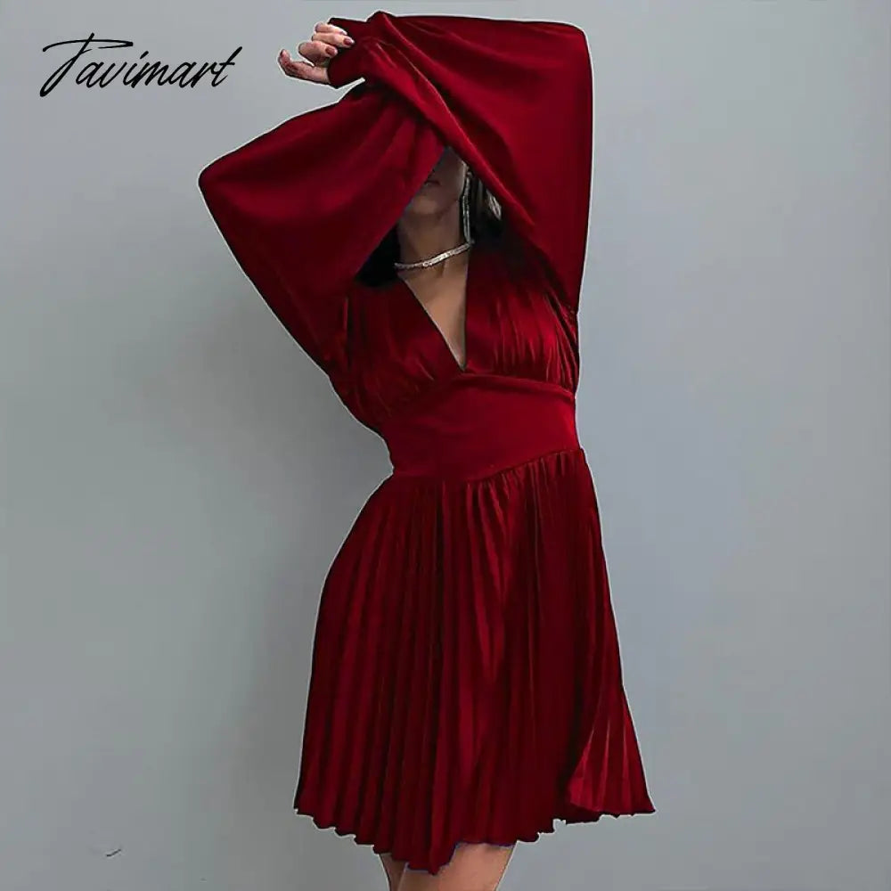 Spring Autumn Women Solid Color Mini Dress Fashion Long Sleeve V-Neck Waist Dress Ladies Casual Slim Office Pleated Dresses