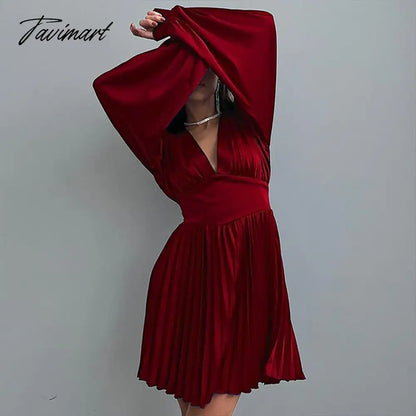 Spring Autumn Women Solid Color Mini Dress Fashion Long Sleeve V-Neck Waist Dress Ladies Casual Slim Office Pleated Dresses