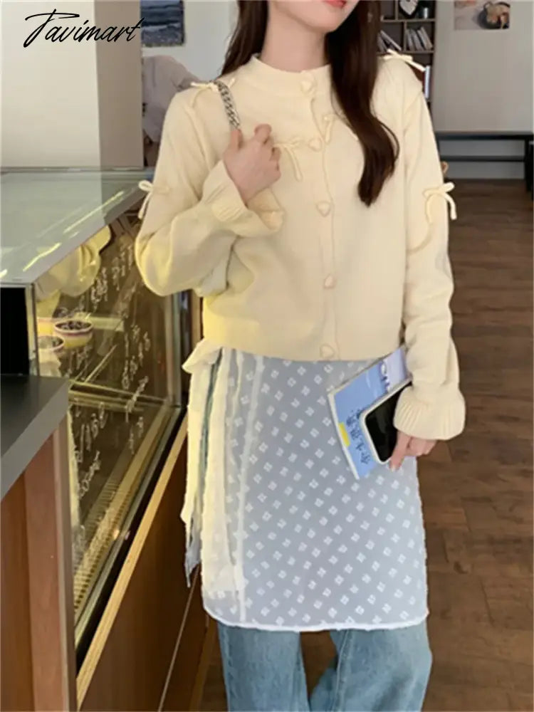 Spring Knitwear Coats Slim Women Sweet Bow Full Sleeve 2024 New Gentle Lady Office Wear Loose Daily Sweaters