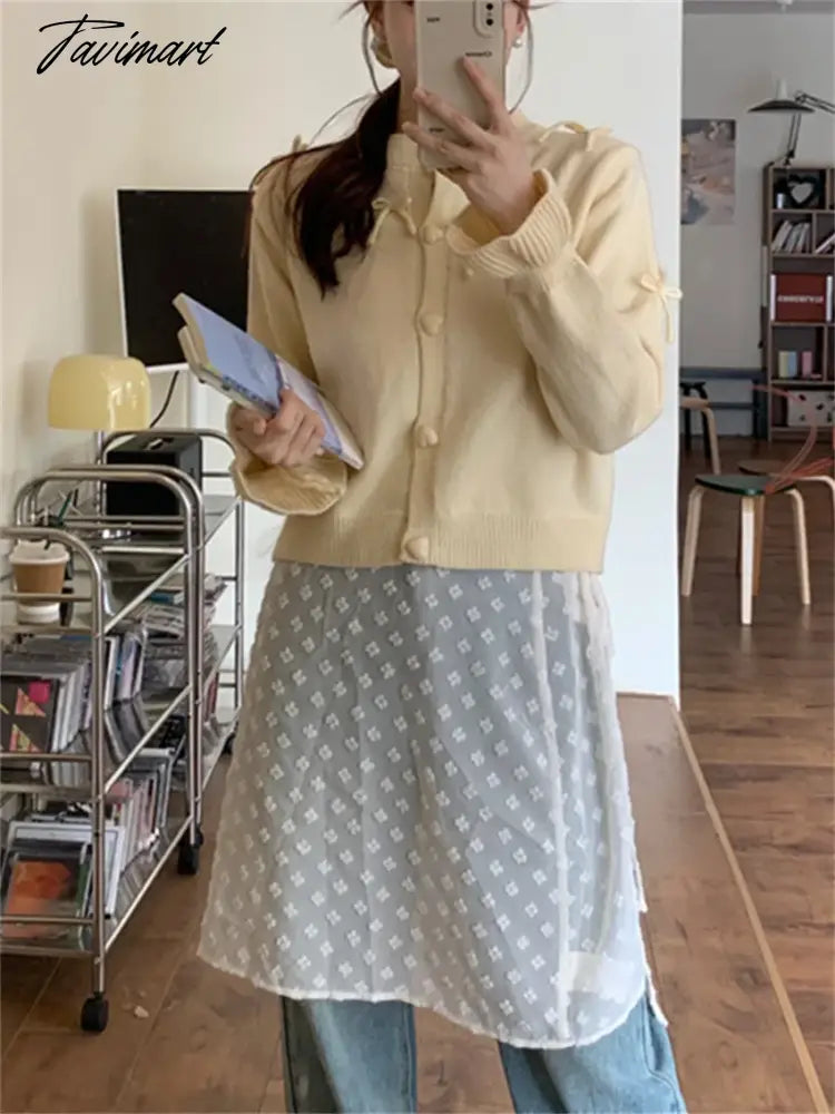 Spring Knitwear Coats Slim Women Sweet Bow Full Sleeve 2024 New Gentle Lady Office Wear Loose Daily Sweaters