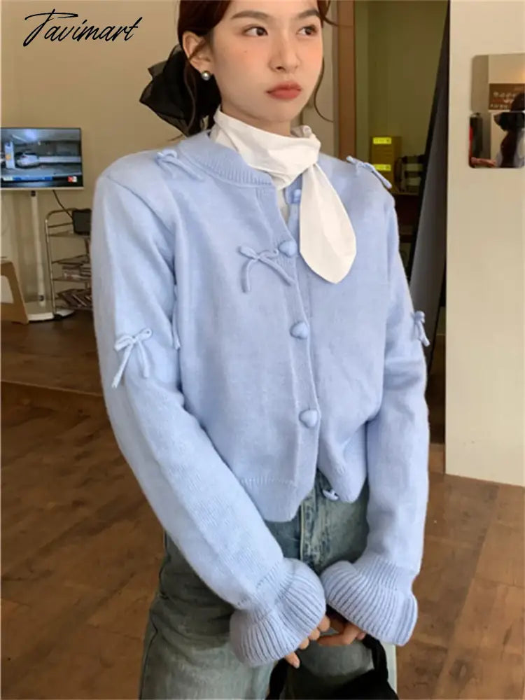 Spring Knitwear Coats Slim Women Sweet Bow Full Sleeve 2024 New Gentle Lady Office Wear Loose Daily Sweaters