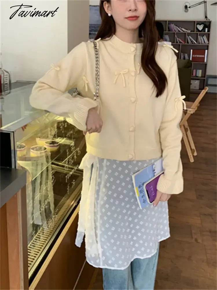 Spring Knitwear Coats Slim Women Sweet Bow Full Sleeve 2024 New Gentle Lady Office Wear Loose Daily Sweaters