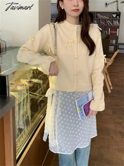 Spring Knitwear Coats Slim Women Sweet Bow Full Sleeve 2024 New Gentle Lady Office Wear Loose Daily Sweaters