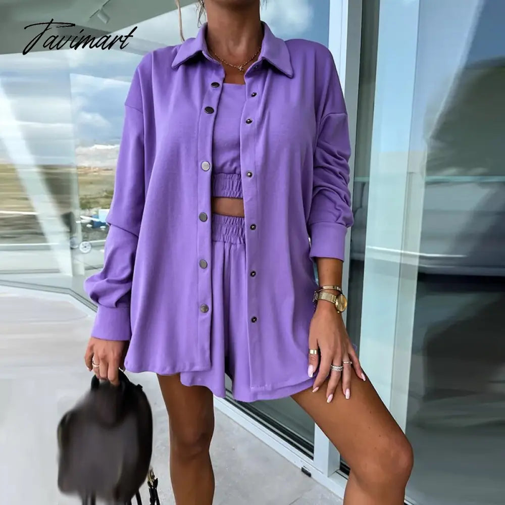 Spring Loose Women Shorts Suit Female Solid Coat + Vest +Pocket Shorts Outfits New Casual Streetwear Sweatshirt Three-Piece Set