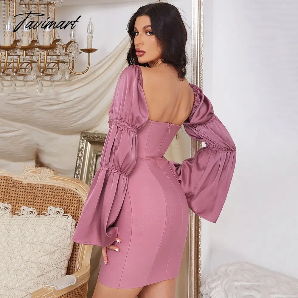 Spring New Bandages Dress Women Flare Sleeve Patchwork Clothes Sexy Club Party Bodycon Dress