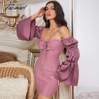 Spring New Bandages Dress Women Flare Sleeve Patchwork Clothes Sexy Club Party Bodycon Dress