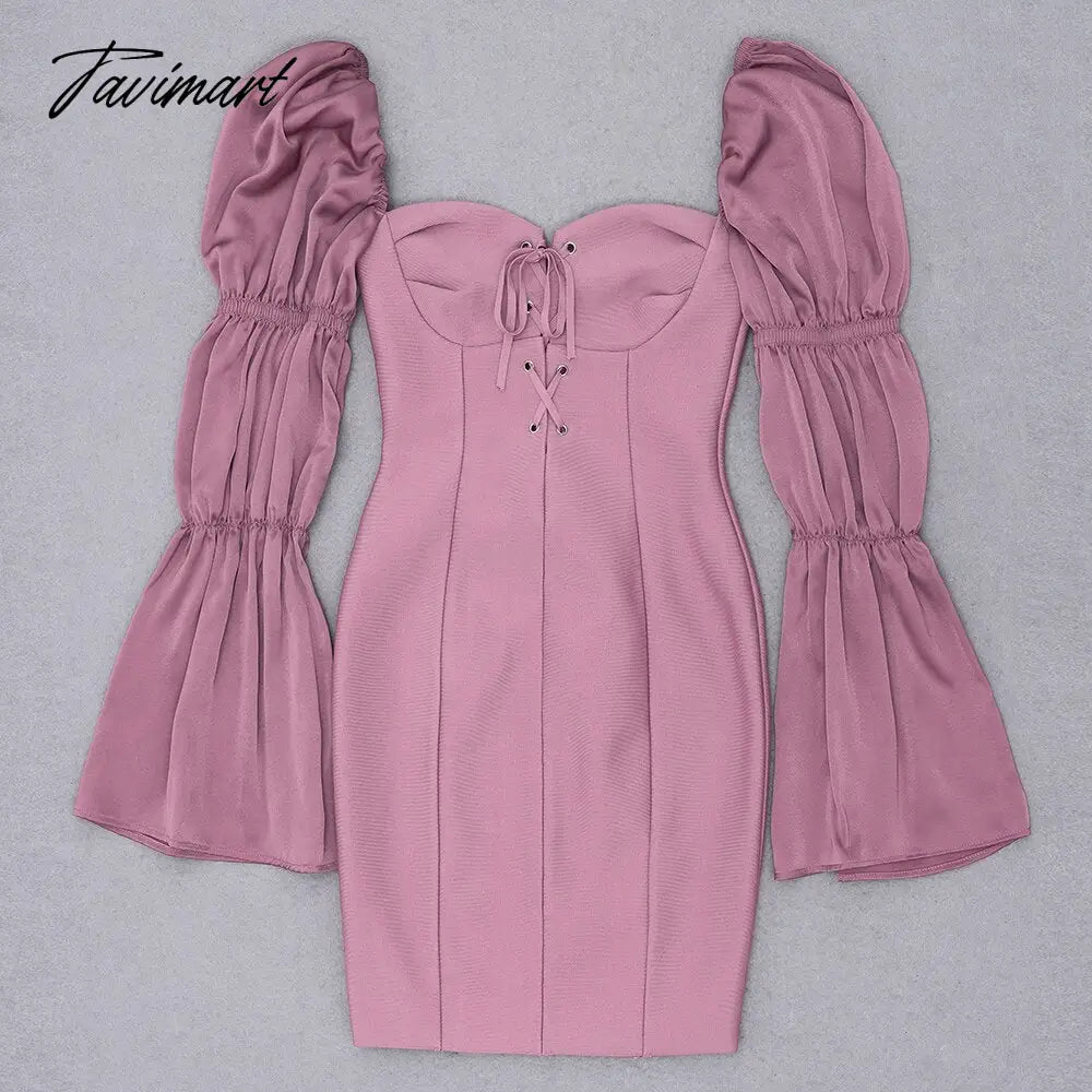 Spring New Bandages Dress Women Flare Sleeve Patchwork Clothes Sexy Club Party Bodycon Dress