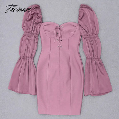 Spring New Bandages Dress Women Flare Sleeve Patchwork Clothes Sexy Club Party Bodycon Dress