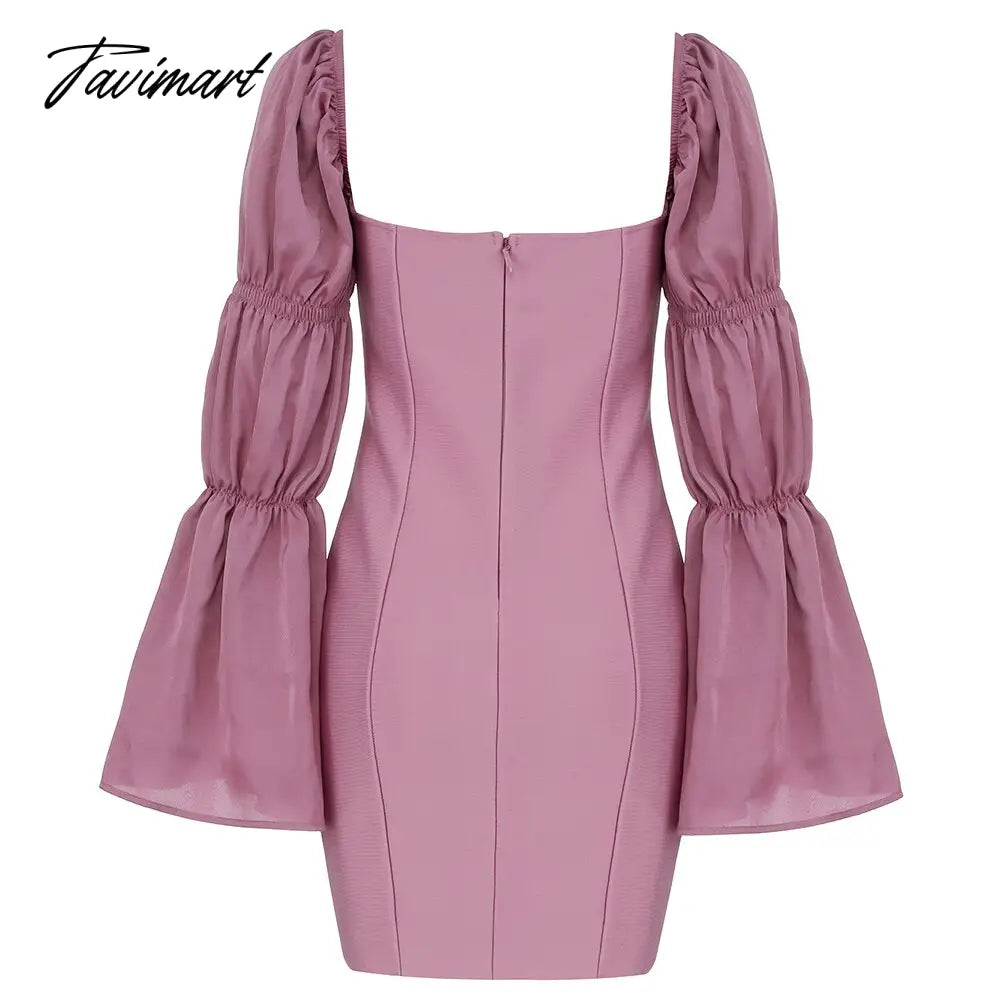 Spring New Bandages Dress Women Flare Sleeve Patchwork Clothes Sexy Club Party Bodycon Dress