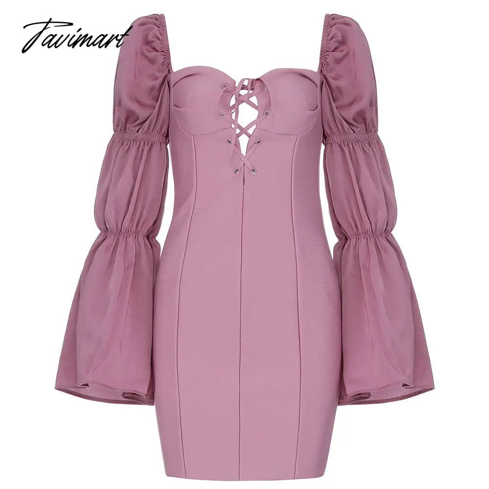 Spring New Bandages Dress Women Flare Sleeve Patchwork Clothes Sexy Club Party Bodycon Dress