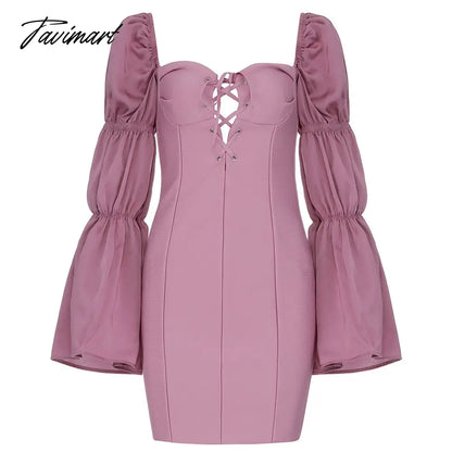 Spring New Bandages Dress Women Flare Sleeve Patchwork Clothes Sexy Club Party Bodycon Dress