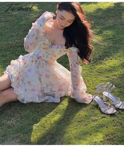 Spring New French Long Sleeve Floral Small Spice Girl Party Dresses for Women Sweet Boho Beach Holiday Dress Robes Vestidos